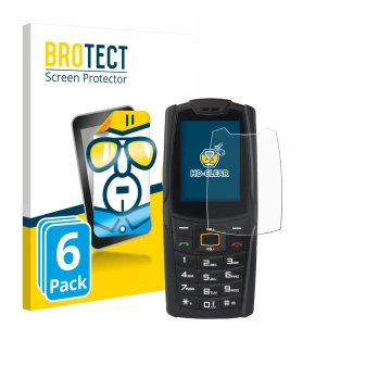 Front side of a product packaging with the brand logo BROTECT. Next to it is the device AGM M6 shown with the corresponding sc