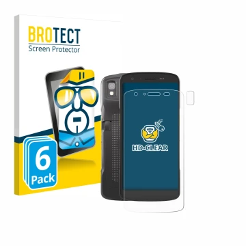 Front side of a product packaging with the brand logo BROTECT. Next to it is the device Zebra TC22 (Front+Camera) shown with t