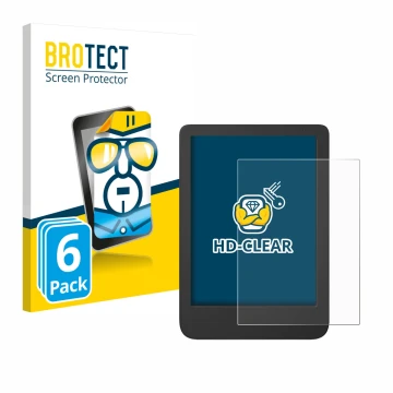 Front side of a product packaging with the brand logo BROTECT. Next to it is the device Tolino Shine 5 Color 2024 shown with t