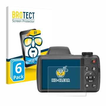 Front side of a product packaging with the brand logo BROTECT. Next to it is the device Kodak Pixpro AZ528 shown with the corr