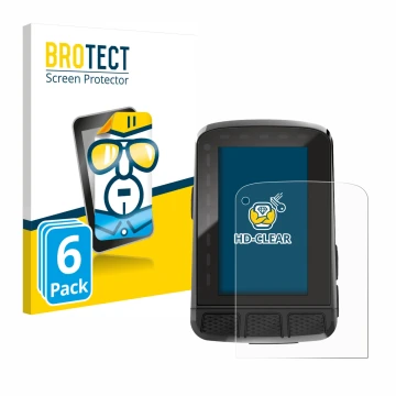 Front side of a product packaging with the brand logo BROTECT. Next to it is the device Wahoo Elemnt Roam V2 GPS shown with th