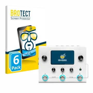 Front side of a product packaging with the brand logo BROTECT. Next to it is the device Hotone Ampero II Stomp shown with the 