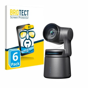 Front side of a product packaging with the brand logo BROTECT. Next to it is the device OBSBOT Tail Air shown with the corresp