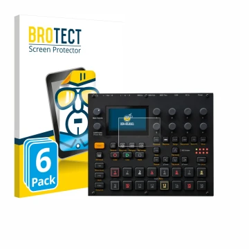 Front side of a product packaging with the brand logo BROTECT. Next to it is the device Elektron Digitakt II shown with the co