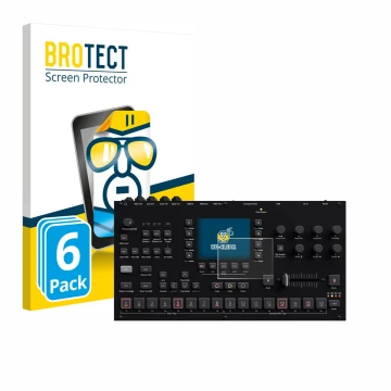 Front side of a product packaging with the brand logo BROTECT. Next to it is the device Elektron Octatrack MKII shown with the