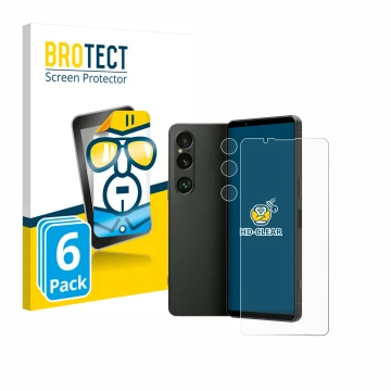 Front side of a product packaging with the brand logo BROTECT. Next to it is the device Sony Xperia 1 VI (Front+Camera) shown 