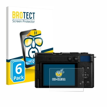 Front side of a product packaging with the brand logo BROTECT. Next to it is the device Panasonic Lumix DC-S9 shown with the c