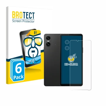 Front side of a product packaging with the brand logo BROTECT. Next to it is the device Sony Xperia 10 VI (Front+Camera) shown
