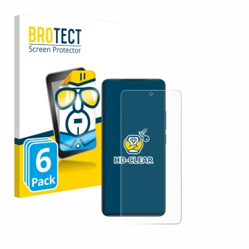 Front side of a product packaging with the brand logo BROTECT. Next to it is the device Xiaomi Poco F6 Pro shown with the corr