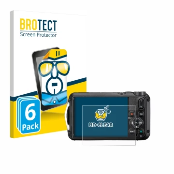 Front side of a product packaging with the brand logo BROTECT. Next to it is the device Ricoh Pentax WG-8 shown with the corre