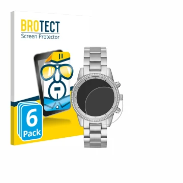 Front side of a product packaging with the brand logo BROTECT. Next to it is the device Michael Kors Ritz MK6428 shown with th