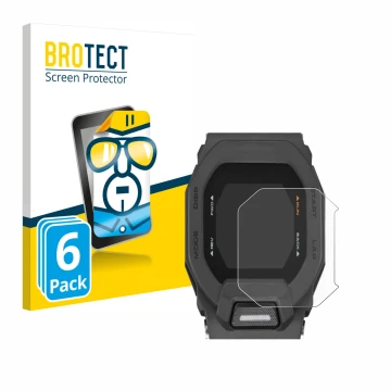 Front side of a product packaging with the brand logo BROTECT. Next to it is the device Casio G-Shock GBD-200 shown with the c