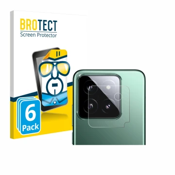 Front side of a product packaging with the brand logo BROTECT. Next to it is the device Xiaomi 14 (ONLY Camera Lens) shown wit