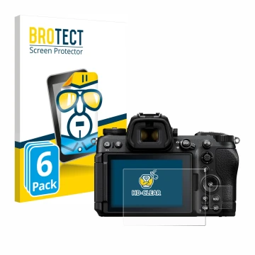 Front side of a product packaging with the brand logo BROTECT. Next to it is the device Nikon Z6 III shown with the correspond