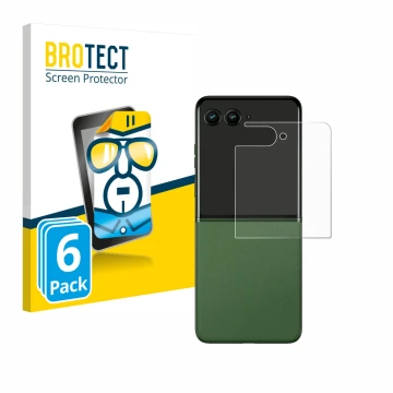 Front side of a product packaging with the brand logo BROTECT. Next to it is the device Motorola Razr 50 Ultra (Back display) 