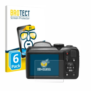 Front side of a product packaging with the brand logo BROTECT. Next to it is the device Kodak Pixpro AZ255 shown with the corr