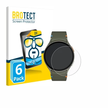 Front side of a product packaging with the brand logo BROTECT. Next to it is the device Samsung Galaxy Watch 7 (44 mm) shown w