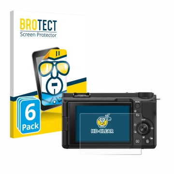 Front side of a product packaging with the brand logo BROTECT. Next to it is the device Sony Alpha ZV-E10 II shown with the co
