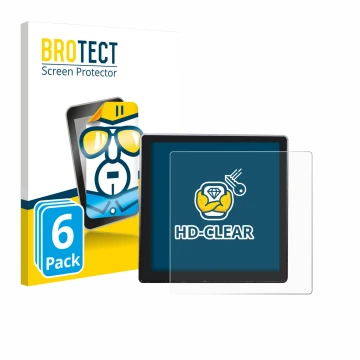 Front side of a product packaging with the brand logo BROTECT. Next to it is the device Shelly Wall Display shown with the cor