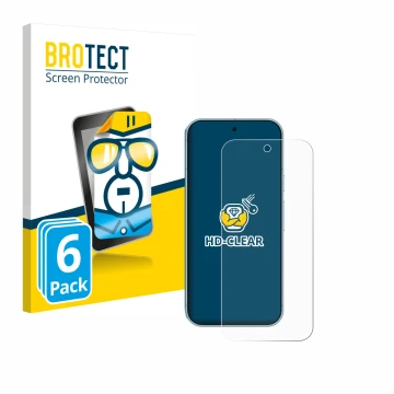 Front side of a product packaging with the brand logo BROTECT. Next to it is the device Google Pixel 9 Pro shown with the corr