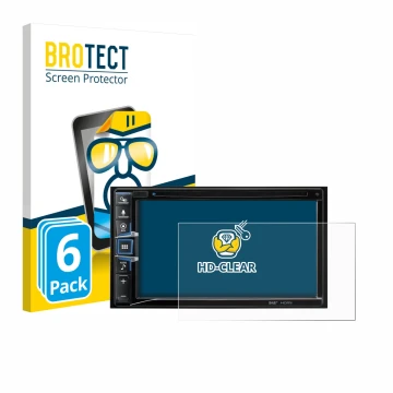 Front side of a product packaging with the brand logo BROTECT. Next to it is the device Alpine INE-W611D shown with the corres