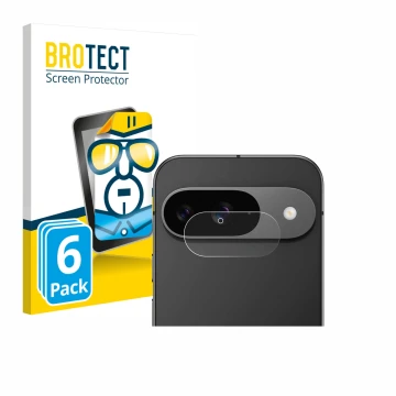 Front side of a product packaging with the brand logo BROTECT. Next to it is the device Google Pixel 9 (ONLY Camera Lens) show
