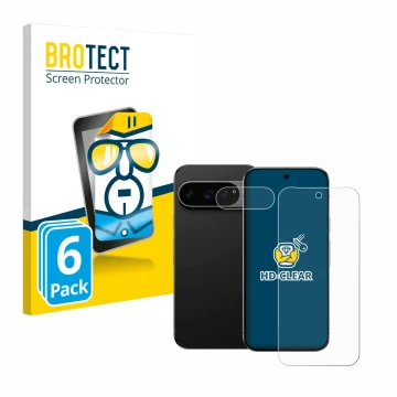 Front side of a product packaging with the brand logo BROTECT. Next to it is the device Google Pixel 9 Pro (Front+Camera) show