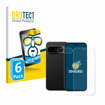 Front side of a product packaging with the brand logo BROTECT. Next to it is the device Google Pixel 9 Pro XL (Front+Camera) s
