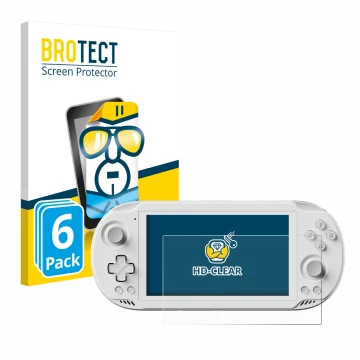 Front side of a product packaging with the brand logo BROTECT. Next to it is the device AYN Odin 2 Mini shown with the corresp