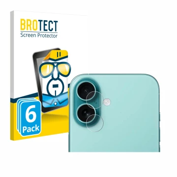 Front side of a product packaging with the brand logo BROTECT. Next to it is the device Apple iPhone 16 (ONLY Camera Lens) sho