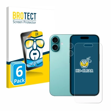 Front side of a product packaging with the brand logo BROTECT. Next to it is the device Apple iPhone 16 (Front+Camera) shown w