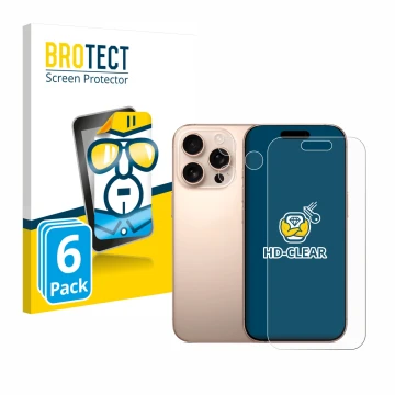 Front side of a product packaging with the brand logo BROTECT. Next to it is the device Apple iPhone 16 Pro (Front+Camera) sho
