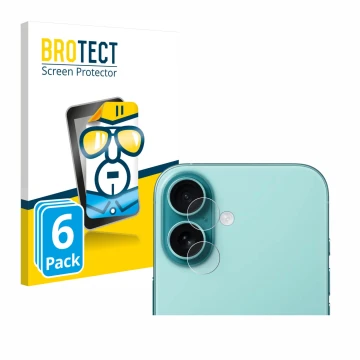 Front side of a product packaging with the brand logo BROTECT. Next to it is the device Apple iPhone 16 Plus (ONLY Camera Lens