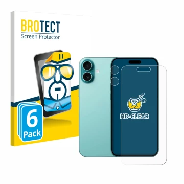 Front side of a product packaging with the brand logo BROTECT. Next to it is the device Apple iPhone 16 Plus (Front+Camera) sh