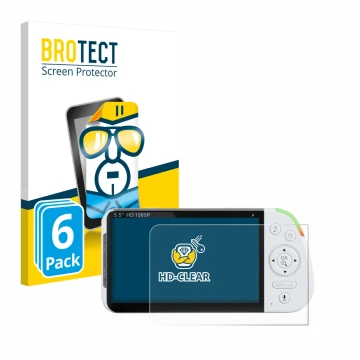 Front side of a product packaging with the brand logo BROTECT. Next to it is the device Babysense MaxView-2CAM 5,5