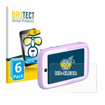 Front side of a product packaging with the brand logo BROTECT. Next to it is the device Myfirst Camera 50 shown with the corre