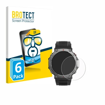 Front side of a product packaging with the brand logo BROTECT. Next to it is the device Huami Amazfit T-Rex 3 shown with the c