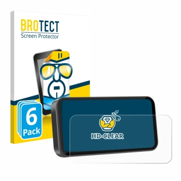 Front side of a product packaging with the brand logo BROTECT. Next to it is the device Carpuride W603D 6.3