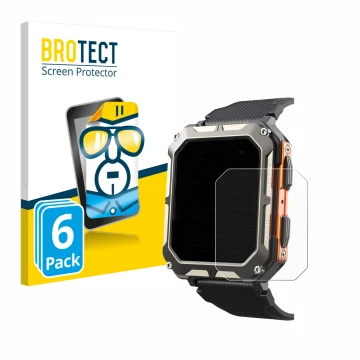 Front side of a product packaging with the brand logo BROTECT. Next to it is the device Findtime Smartwatch 1.83