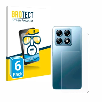 Front side of a product packaging with the brand logo BROTECT. Next to it is the device Xiaomi 14T Pro (Back) shown with the c