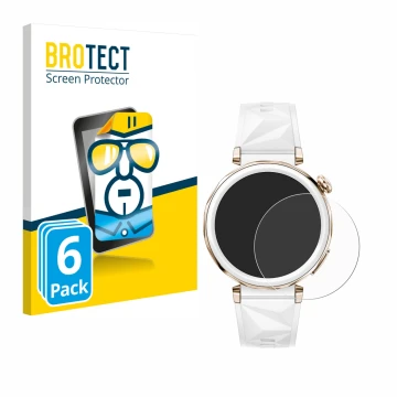 Front side of a product packaging with the brand logo BROTECT. Next to it is the device Huawei Watch GT 5 Pro (42 mm) shown wi