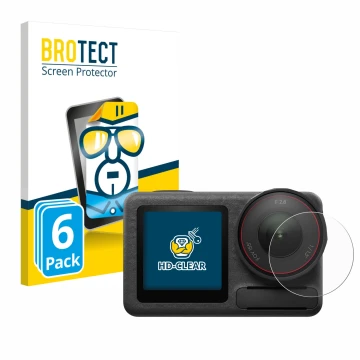 Front side of a product packaging with the brand logo BROTECT. Next to it is the device DJI Osmo Action 5 Pro (Lens) shown wit