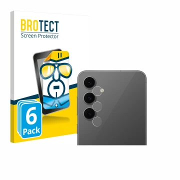 Front side of a product packaging with the brand logo BROTECT. Next to it is the device Samsung Galaxy S24 FE (ONLY Camera Len