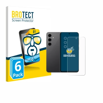 Front side of a product packaging with the brand logo BROTECT. Next to it is the device Samsung Galaxy S24 FE (Front+Camera) s
