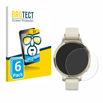 Front side of a product packaging with the brand logo BROTECT. Next to it is the device Garmin Lily 2 Active shown with the co