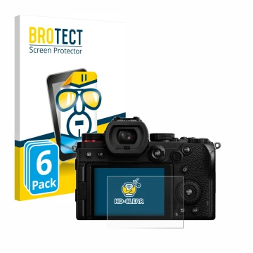 Front side of a product packaging with the brand logo BROTECT. Next to it is the device Panasonic Lumix DC-S5D shown with the 