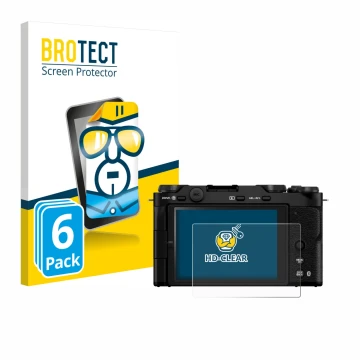 Front side of a product packaging with the brand logo BROTECT. Next to it is the device Fujifilm X-M5 shown with the correspon