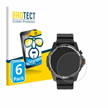 Front side of a product packaging with the brand logo BROTECT. Next to it is the device Mobvoi Ticwatch Atlas shown with the c