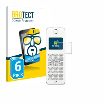 Front side of a product packaging with the brand logo BROTECT. Next to it is the device AVM Fritz!Fon M2 shown with the corres