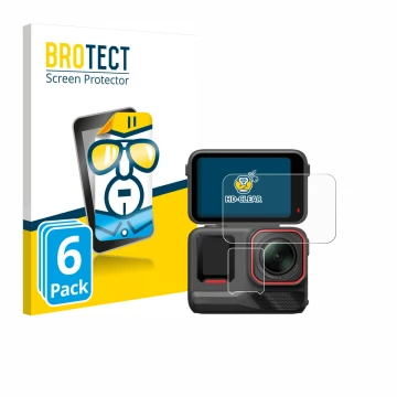 Front side of a product packaging with the brand logo BROTECT. Next to it is the device Insta360 Ace Pro 2 shown with the corr